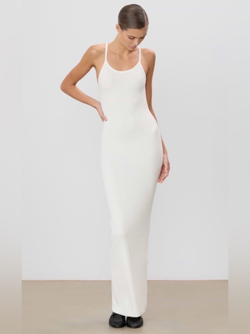 Eterne White Ribbed Maxi Slip Dress
